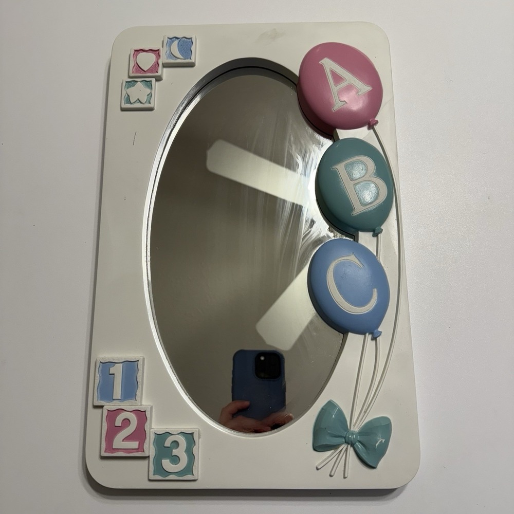 Homco Mirror‎ Baby Nursery Decor ABC White Blue Pink Bow Balloons Pastel Cottage